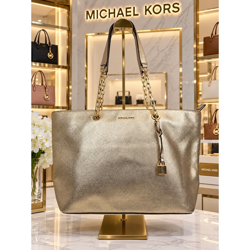 Michael Kors Jet Set Travel Metallic Gold Pebbled Leather Chain Tote Bag